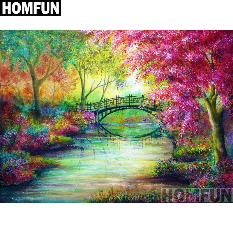 

HOMFUN Full Square/Round Drill 5D DIY Diamond Painting "Forest Tree Bridge" 3D Embroidery Cross Stitch 5D Home Decor A00970