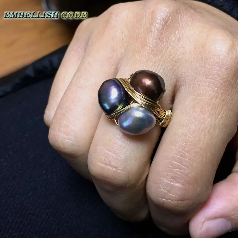 NEW Design original pieces gold with baroque ring pearls hand make rings peacock brown grey mixed color