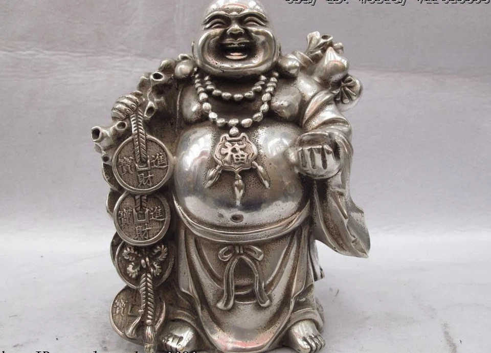 Chinese Folk White Copper Bronze Silver Lucky Wealth Coin Maitreya Rohan Statue