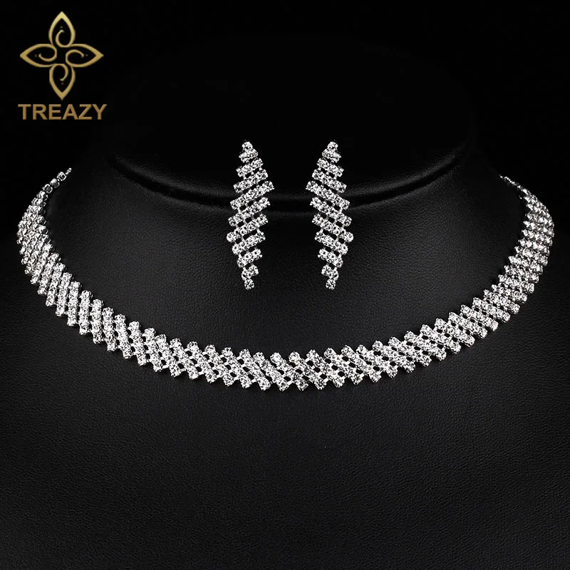 TREAZY Luxury Crystal Bridal Jewelry Sets Silver Color Rhinestone Choker Necklace Earrings Bracelet Women Wedding Jewelry Set