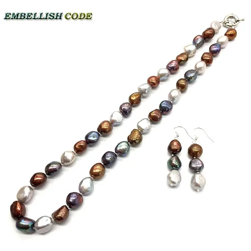 selling well Stunning small baroque necklace earring pearls set real natural freshwater pearl Peacock brown grey girl women