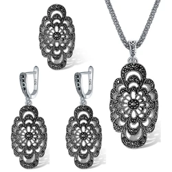 Size 7-10 Hollow Out Black Flower Necklace Earrings Ring High Quality Vintage Plant Jewelry Sets For Women Wholesale Bijoux