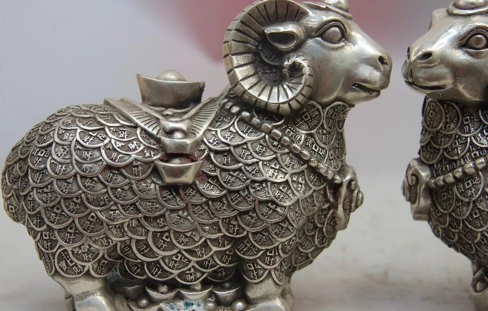 China White Copper Silver Yuan Bao Wealth Money Zodiac Sheep Goat Statue Pair