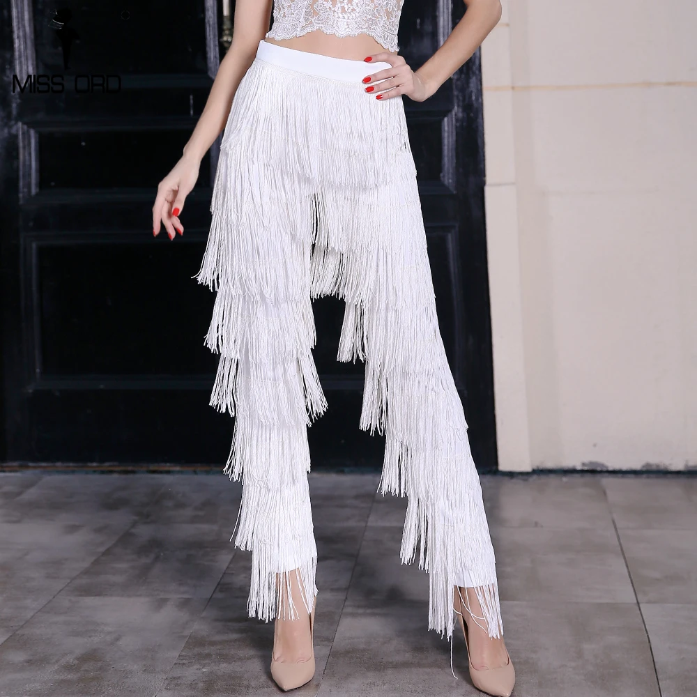 Missord White Pants Women Fashion High Waist Tassel Zip Long Pants Black Fringed Trousers