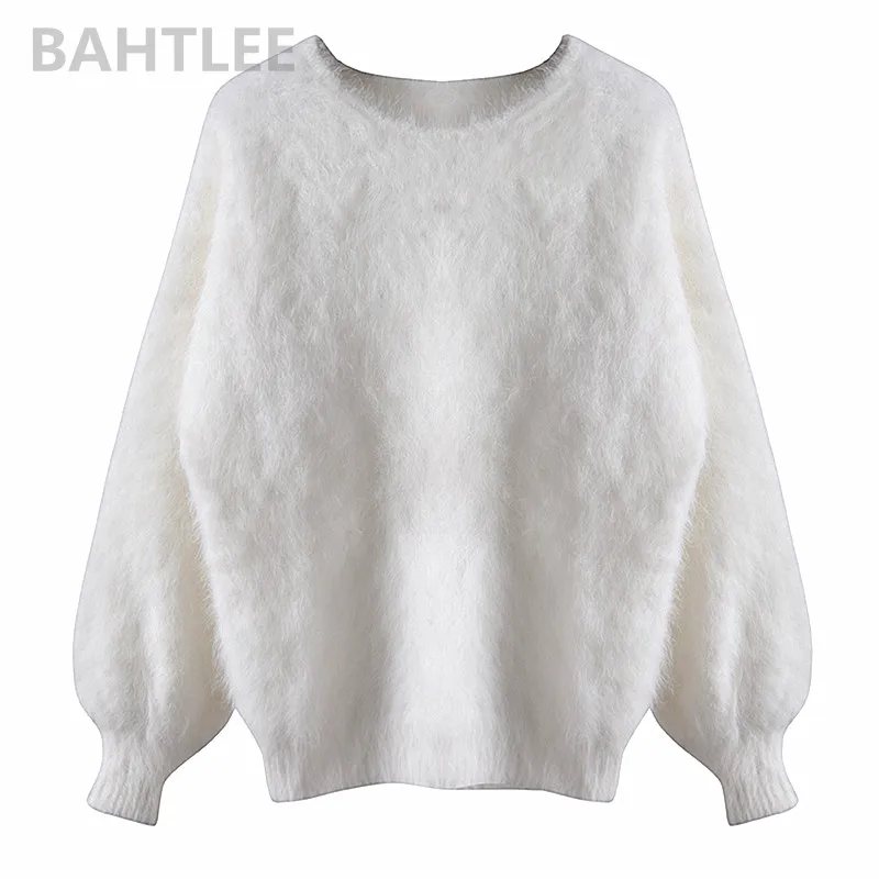 BAHTLEE-Women\'s Angora Rabbit Knitted Pullovers, Sweater, Lantern Sleeve, Wool, Thick, Keep Warm, O-NECK, Autumn, Winter