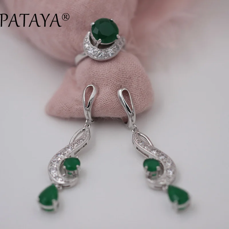 

PATAYA New Arrivals Green Round Water Drop Natural Zircon Long Earrings Ring Sets Women True White Gold Classic Jewelry 10 Color