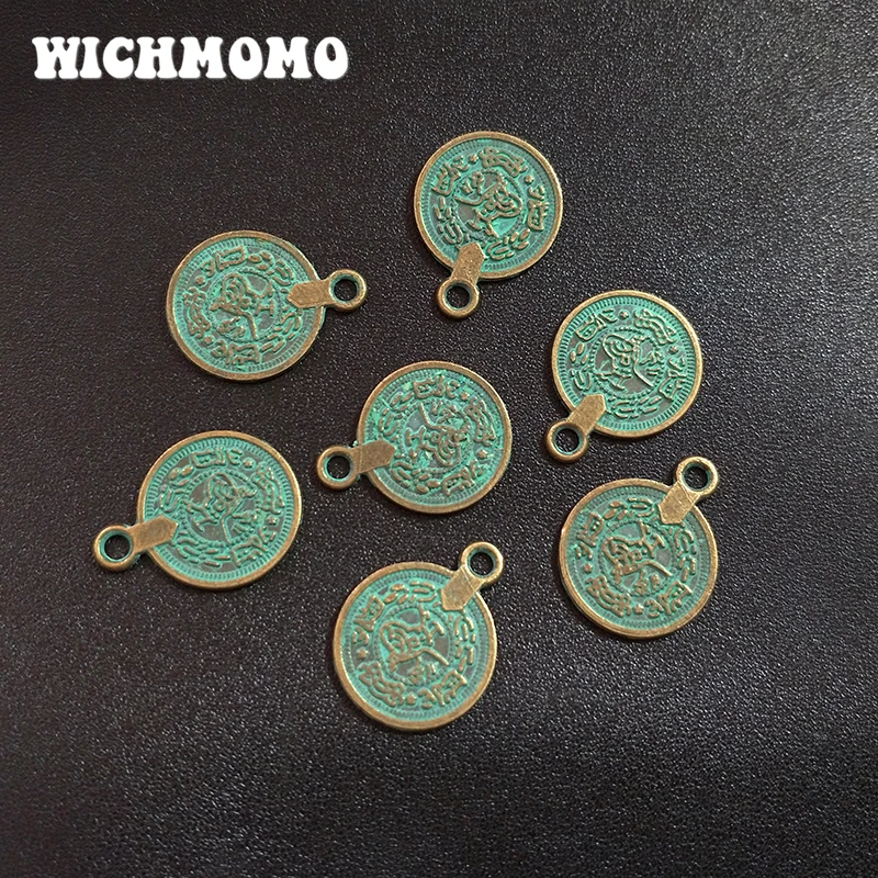 Nowe 10 szt./worek 18MM Ręcznie Robione Retro Patynowane Złocone Zawieszki w Kształcie Okrągłych Monet ze Stopu Cynku Zielone do DIY Materiałów i Akcesoriów Rękodzielniczych