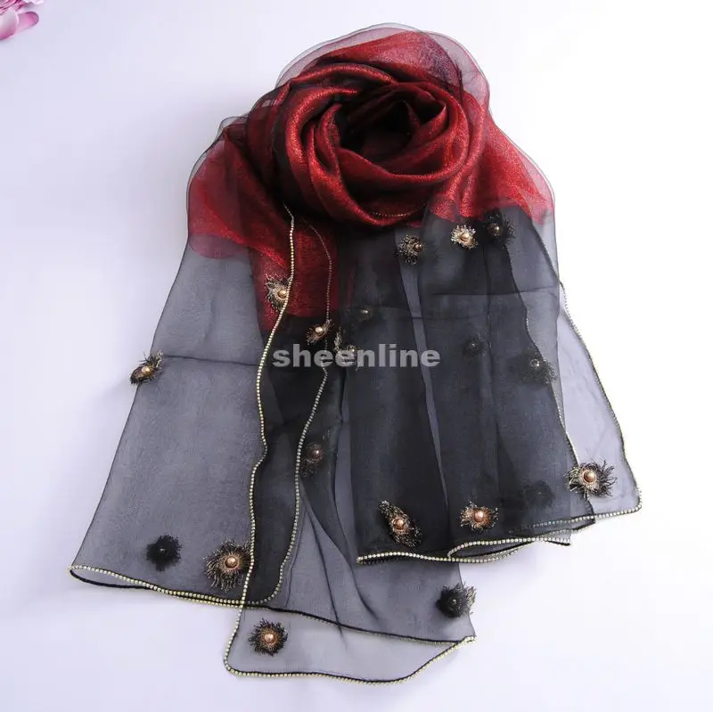 

17 Colors Double Layer Silk Organza Long Scarf Beading Flowers Autumn Winter Warm Wrap Ethnic Pashmina with Lace Edging