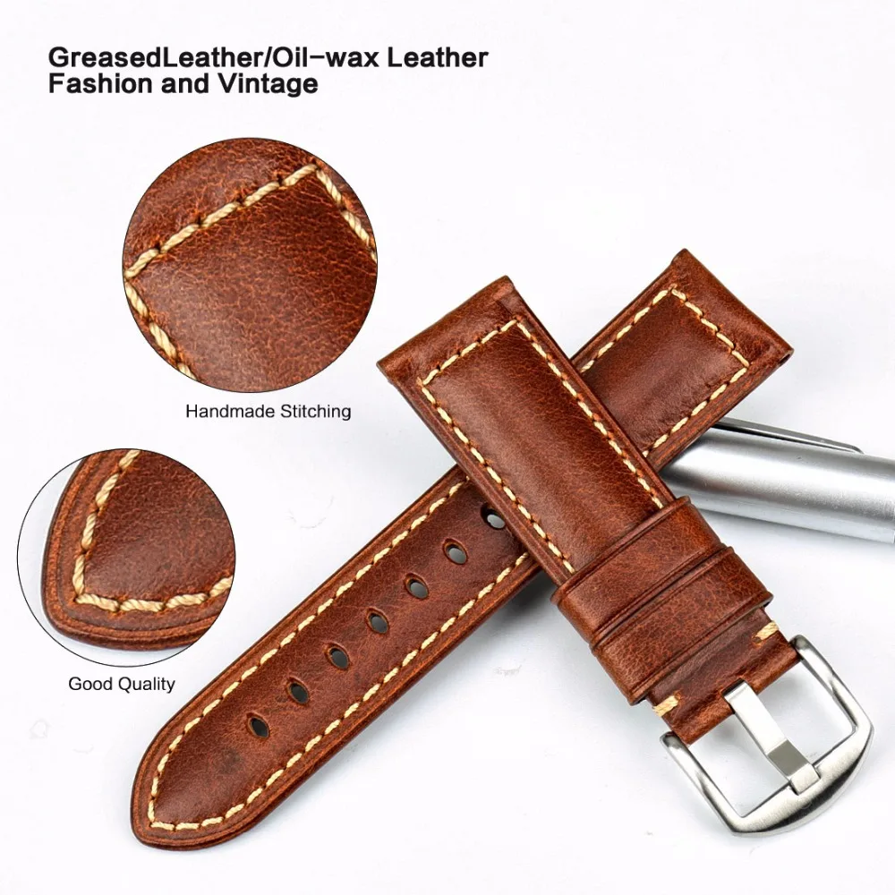 MAIKES Watchband Vintage Oil Wax Leather Strap Watch Bracelet 20mm 22mm 24mm Watch Accessories Watch Band For Panerai Citizen