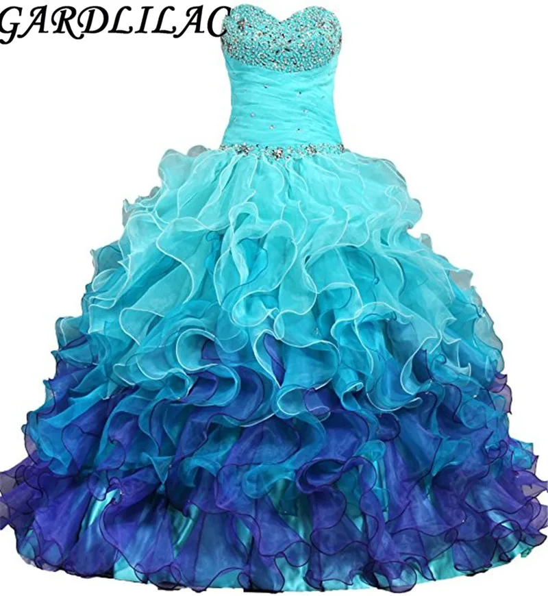 Garlilac vestido de organza com miçangas, cristais, sem alças, arco-íris, babado, vestido de baile, vestidos de quinceañera, 16 vestidos de festa de aniversário