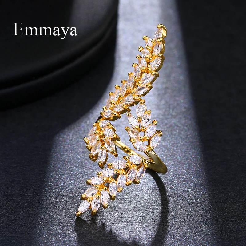 Emmaya Exquisite Shiny Leaf Shape Cubic Zircon Adjustable Ring for Women Gold Color Crystal Bague Gift Jewelry Party