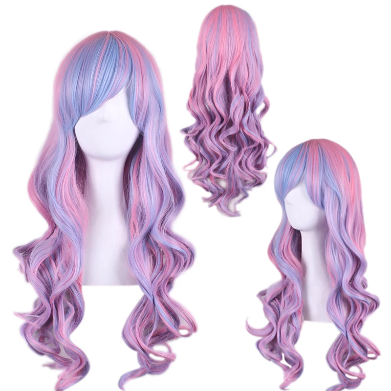 WoodFestival Synthetic Wig With Bangs Pink Party Cosplay Wigs For Women Long Hair Colored Rainbow Red Blue Brown Female Wavy