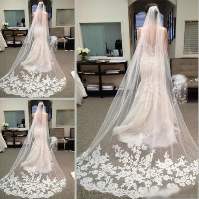 Nuova immagine reale un strato 3M 1L veli da sposa pizzo Applique cattedrale accessori pettine gratuito velo da sposa su misura