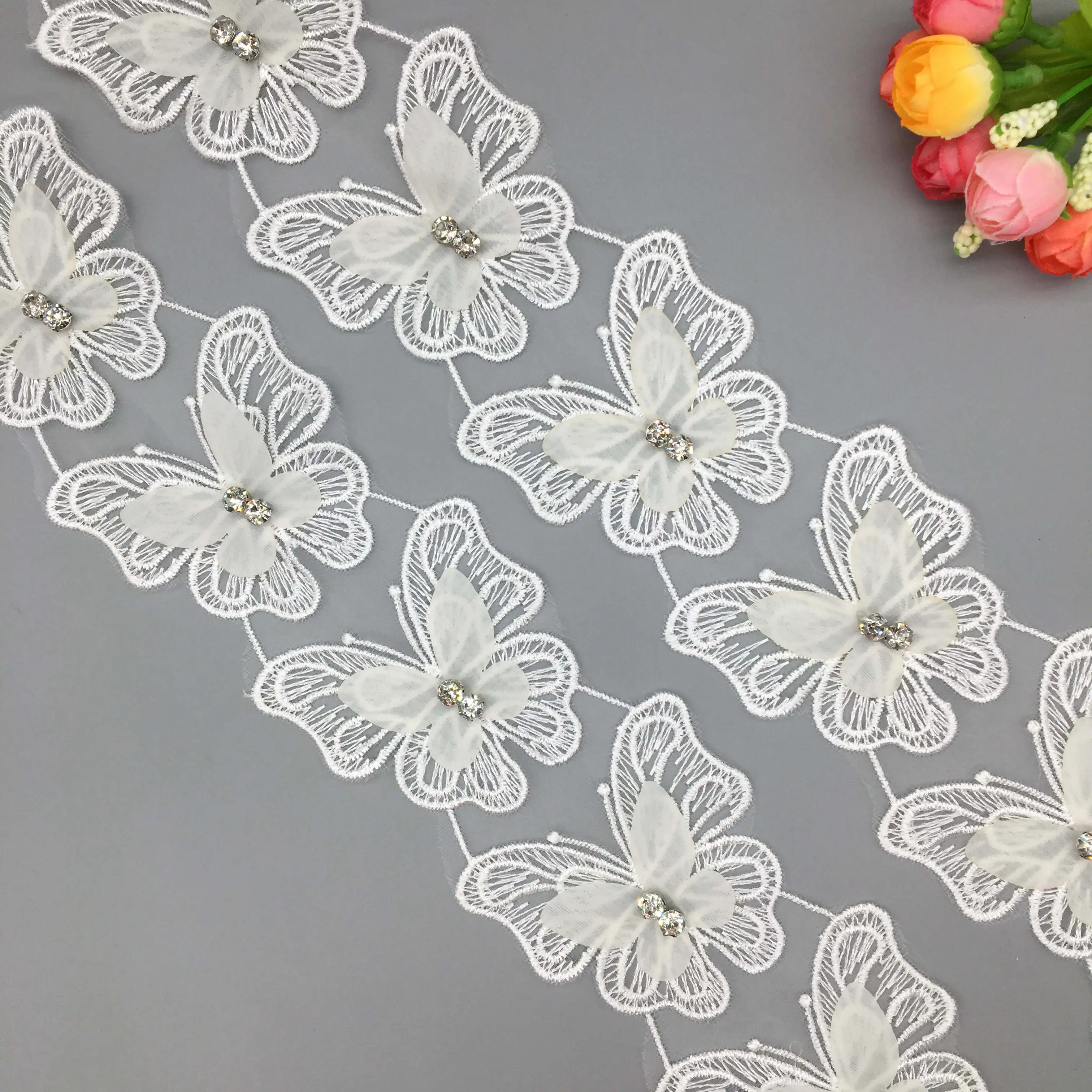 2 Yards 7x6cm Soluble Pearl Butterfly 3D Fabric Lace Trim Embroidered Lace Ribbon Nigerian Fabric DIY Sewing Craft Costume Dress