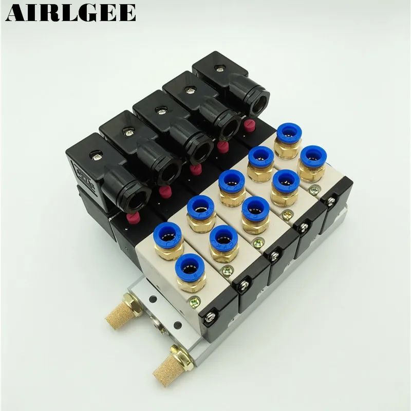 4V210-08 DC24V 2 Positions 5 Way Quadruple Solenoid Valve Aluminum Base Fitting Mufflers Set 5 Stations Free Shipping