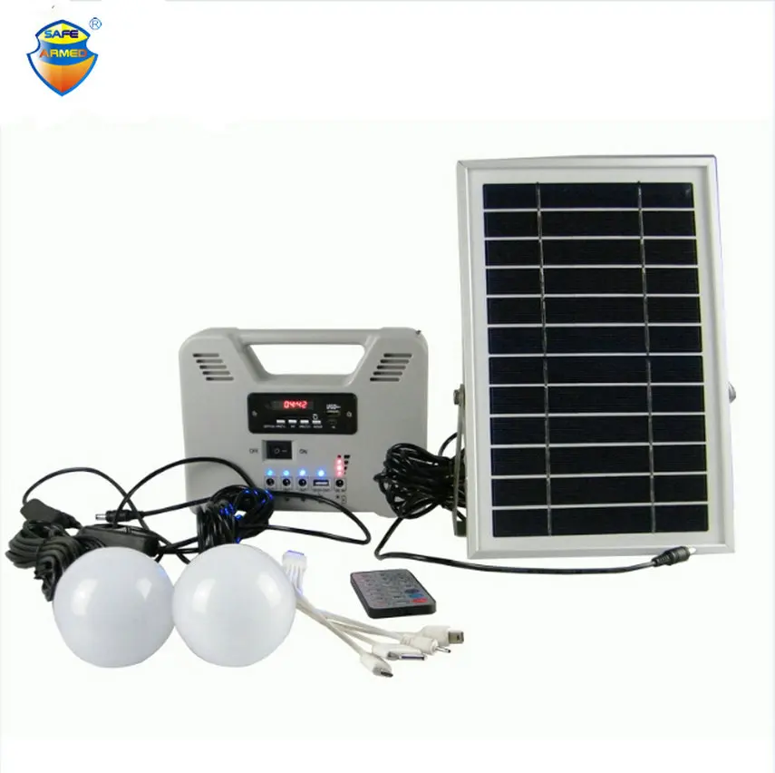 Portable Solar Power System with 2 lighting/MP3/Radio/Bluetooth/Remote Controller Box Charger for Mobile Phone & Other Charging