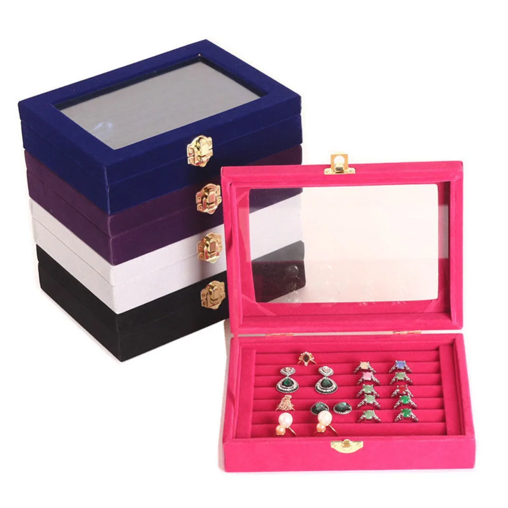 Multi Colors Choose 7 Slot Velvet Glass Ring Display Box Jewelry Holder Storage Organizer Case