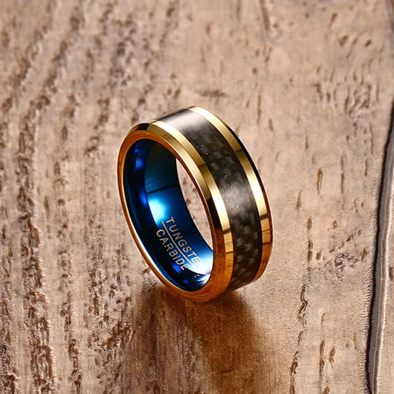 8MM Blue Tungsten Carbide Rings for Men Jewelry with Black Gold Color Carbon Fiber