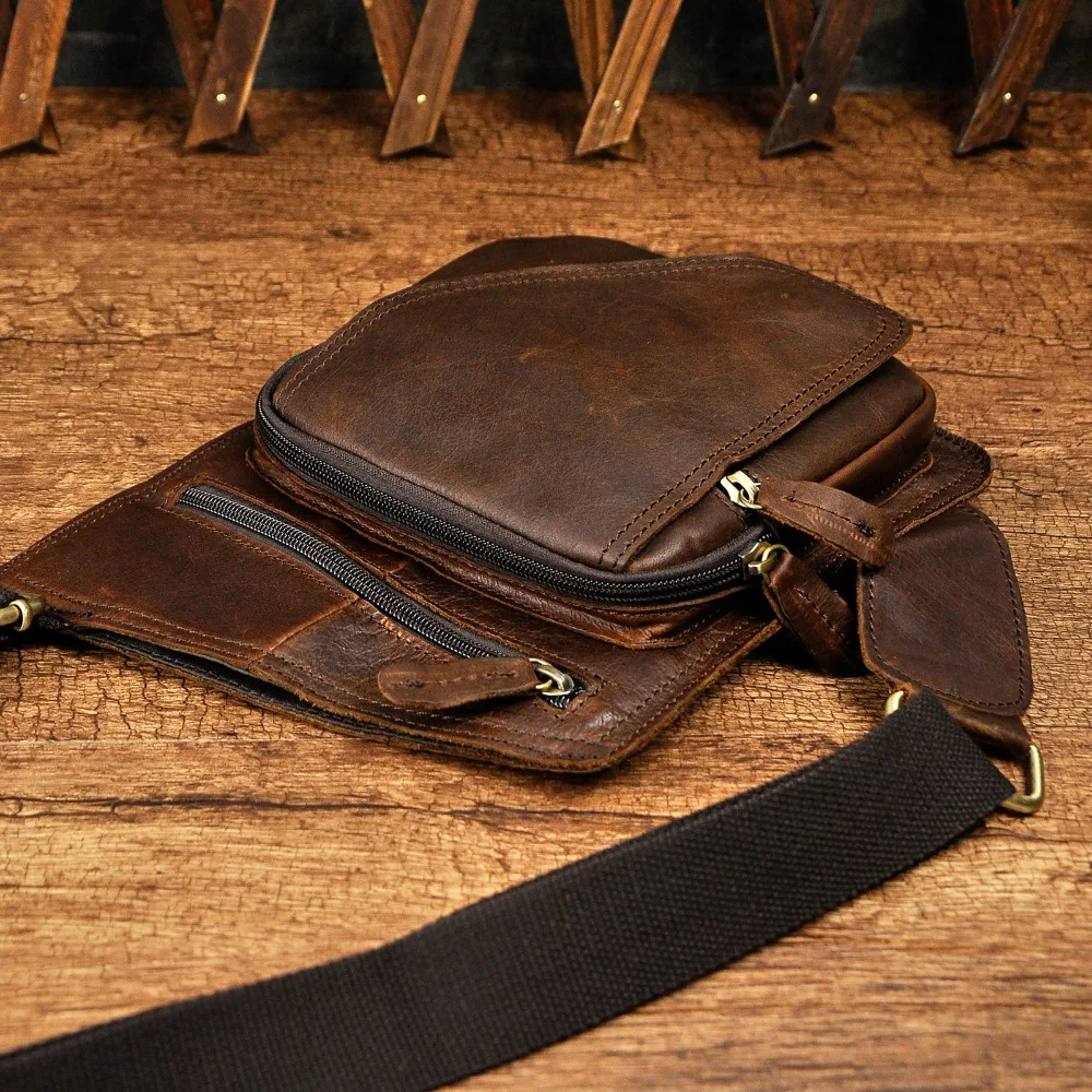 New Crazy Horse Leather men Casual Fashion Travel Daypack Chest Sling Bag Design One Shoulder Strap Crossbody Bag Male b214