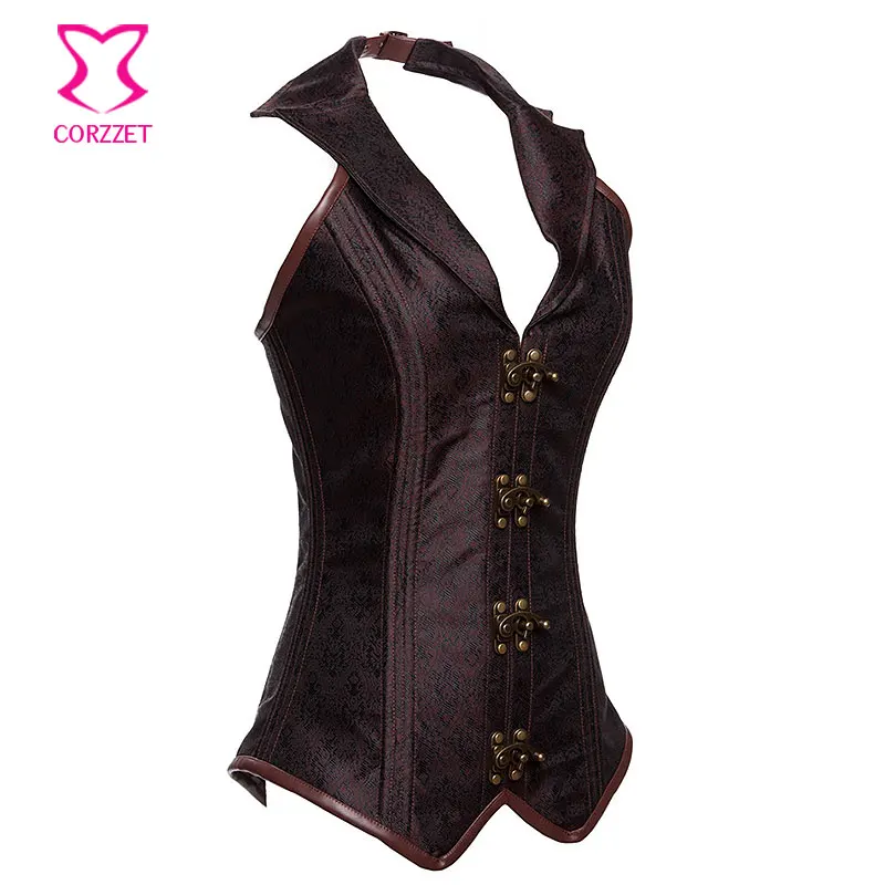 Brown Halter Collar Steel Boned Waist Trainer Corset Steampunk Corsets Gothic Clothing Korsett For Women Espartilhos E Corpetes