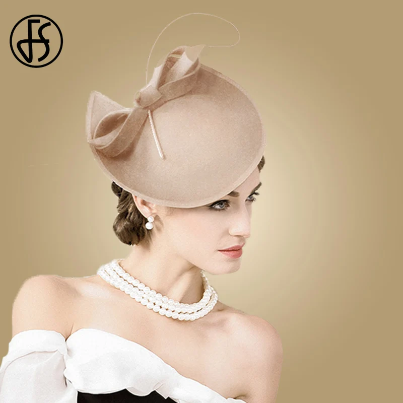 FS 100% Wool Black Hat Church Elegant Ladies Formal Vintage Felt Fedoras Wedding Fascinators Hats For Women Pillbox Female Cap