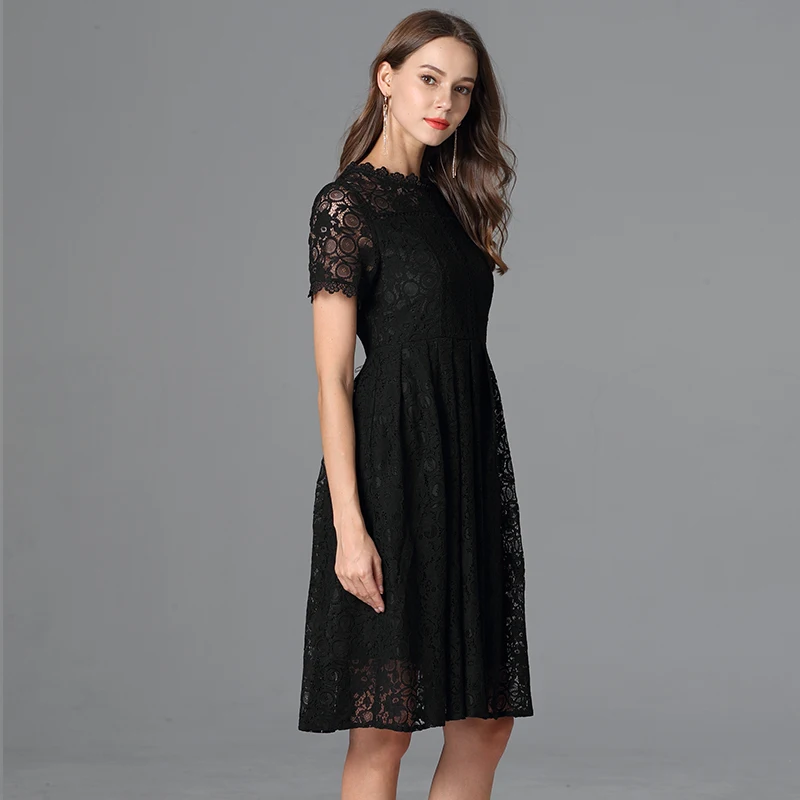 TAOYIZHUAI Summer New Arrival  Black color Big Size Casual Style  A-Line  O-Neck Knee Length   Elegant Women Lace Dress 11698