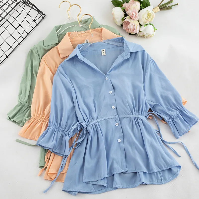 2019 Zomer Vrouwen Koord Blouse Zoete Ruches Shirts Vrouwelijke Half Mouw Blouses Sexy V-hals Tie Boog Shirt Korte Tops AB1425