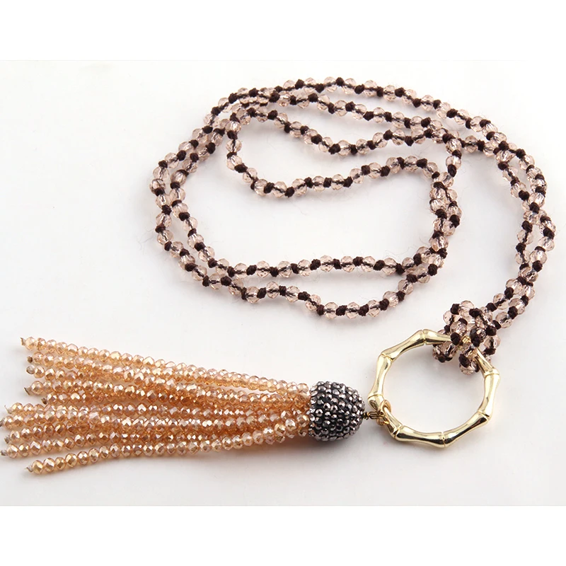 Fashio Artisan Jewelry Halsband 90cm Knotted 4mm Mini Glass Crystal Tassel Punk Necklaces