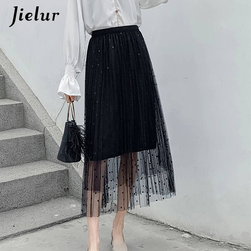 Jielur 2021 Summer Polka Dot Pleated Skirt Harajuku Elegant High Waist A-line Skirts Womens Long  Midi Mesh Tulle Skirts Saia