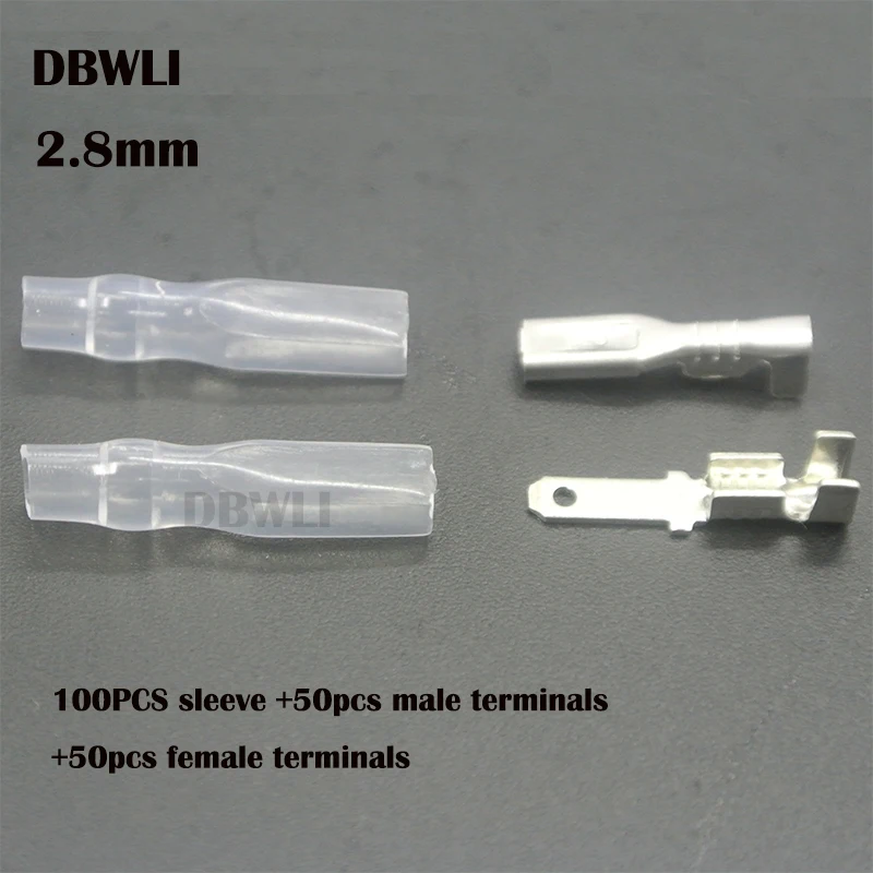 200pcs  2.8mm Uninsulated Spade Crimp Connector Terminal Block 50pcs Female Spade +50pcs Male Spade Connector+ 100pcs Case