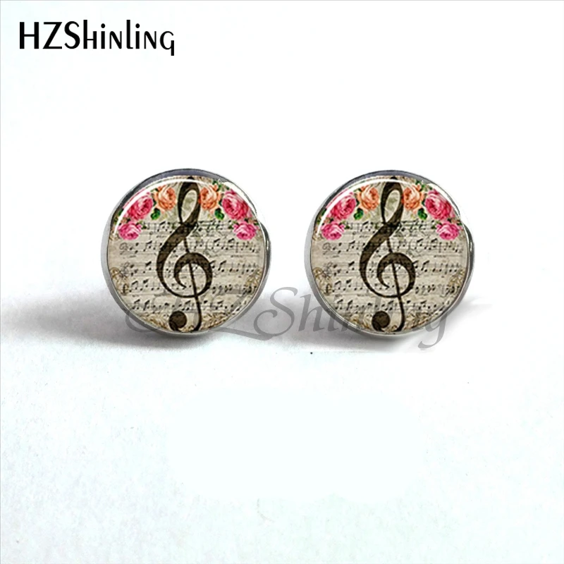 NES-0037  Music Note Studs Earrings -Clef Earrings Bass Treble Clef Ear Nail Jewelry Glass Dome Earrings For Women HZ4