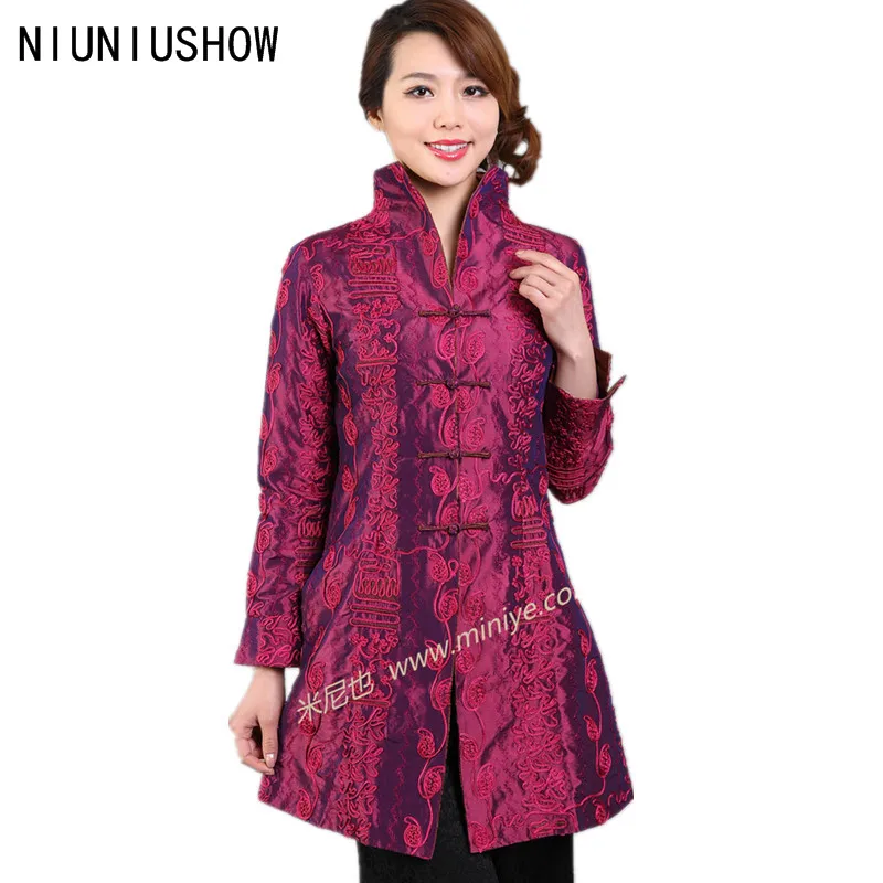 Hot Pink New Female Silk Polyester Outwear Chinese Traditional Tang Suit Long Coat Size S-XXXL