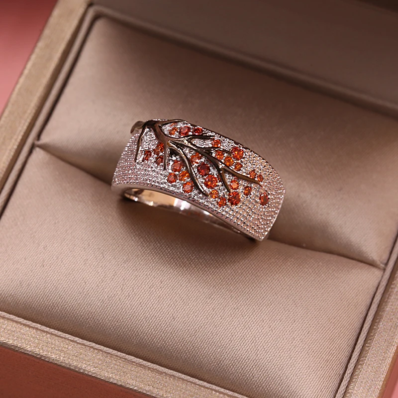 Creative Red Crystal Leaves Rings for Women Shiny Tree Branch Ring Unique Punk Black Gold Color Branch ring Jewelry gift