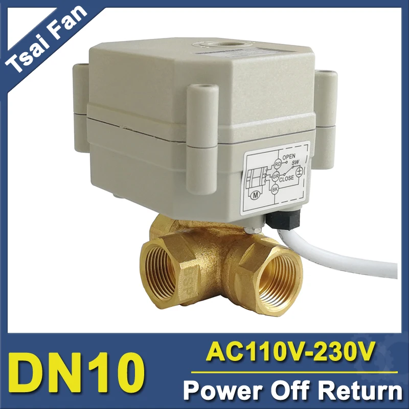 3/8'' AC110V-230V DN10 Power Fail Return Electric Valve Horizontal 3 Way T/L Type Brass Motorized Valve For Water Auto Control