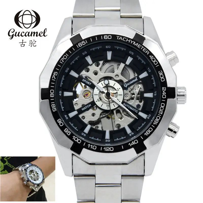 GUCAMEL CKOCK for MEN Brand Men Full Stainless Steel Watch Men Skeleton Auto Mechanical Watch Self-Wind Male Dress Clock