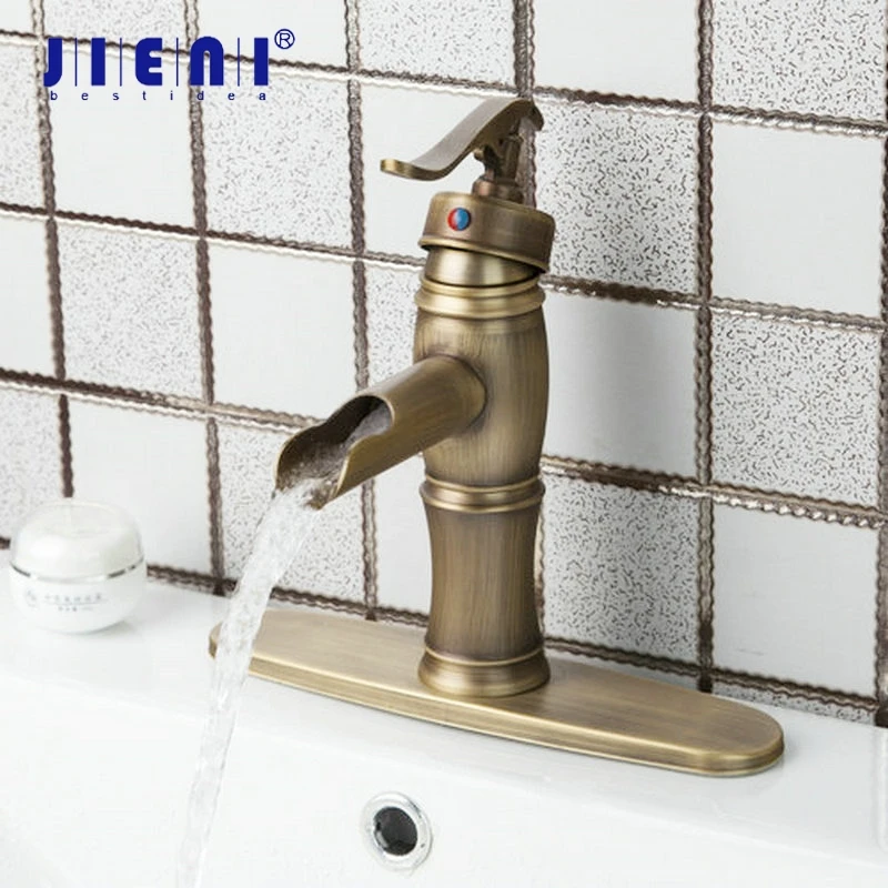 

JIENI Waterfall Antique Brass Bathroom Basin Sink Mixer Tap Faucet Cover Plate Deck Mounted Wash Basin Sink Tap Mixer Faucet