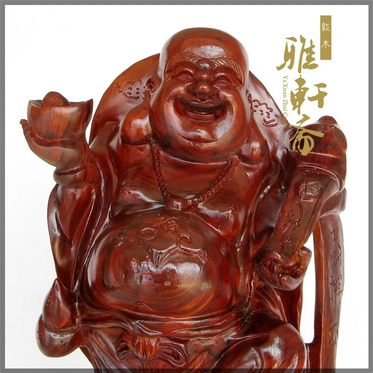 W Gallery] red sandalwood Buddha Maitreya Zhai rosewood carving handicraft ornaments dragon turtle Zhaocai long business gifts