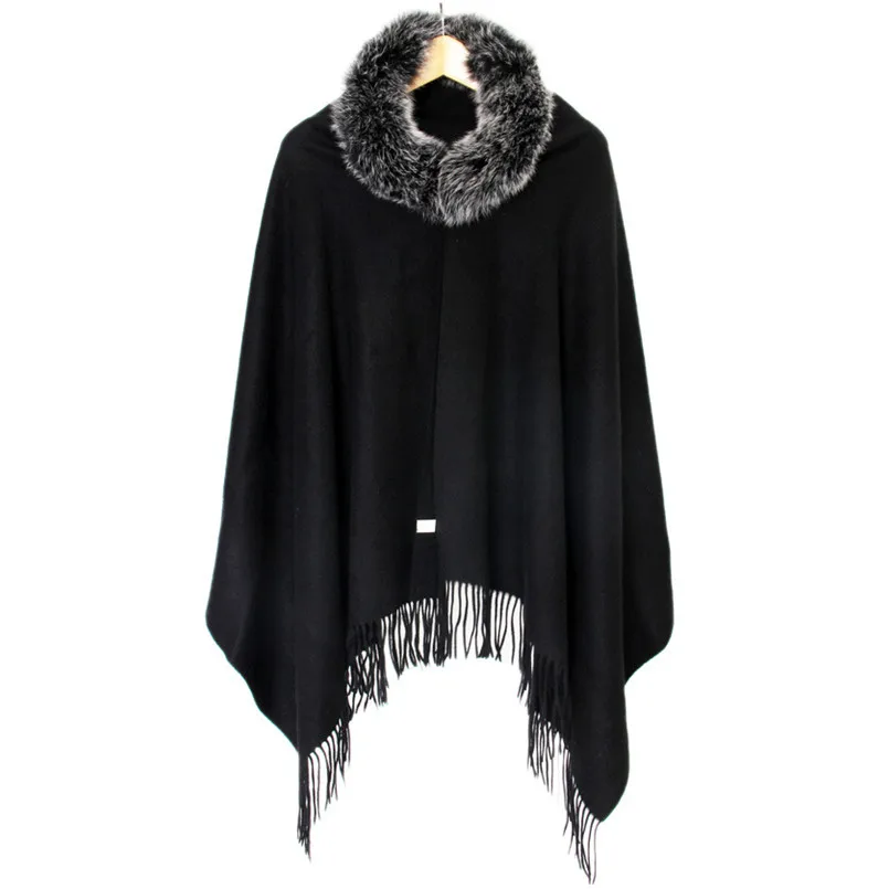 Cashmere scarf fox fur trim autumn winter spring natural fox fur 100% pure cashmere Black color scarf cape S34