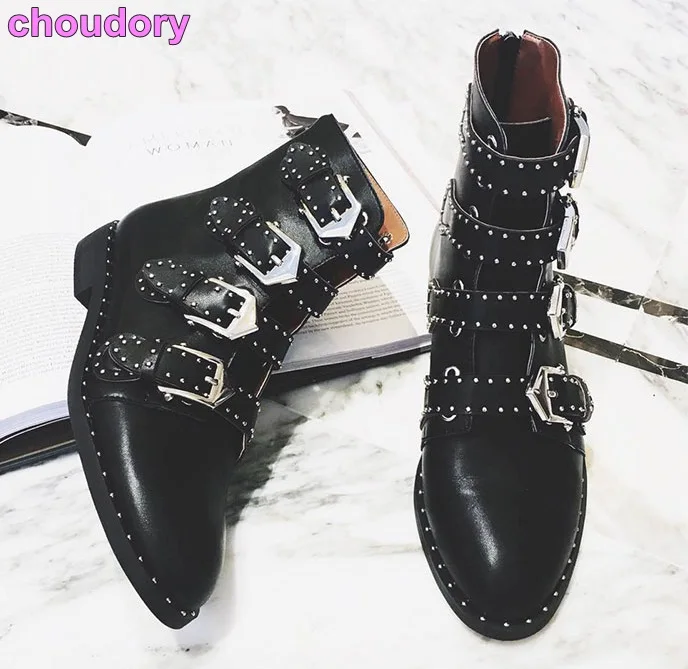 Autumn Winter Black Low Heel Motorcycle Boots Silver Studded Metal Buckle Riding Boots Retro British Short Boots Female Boots