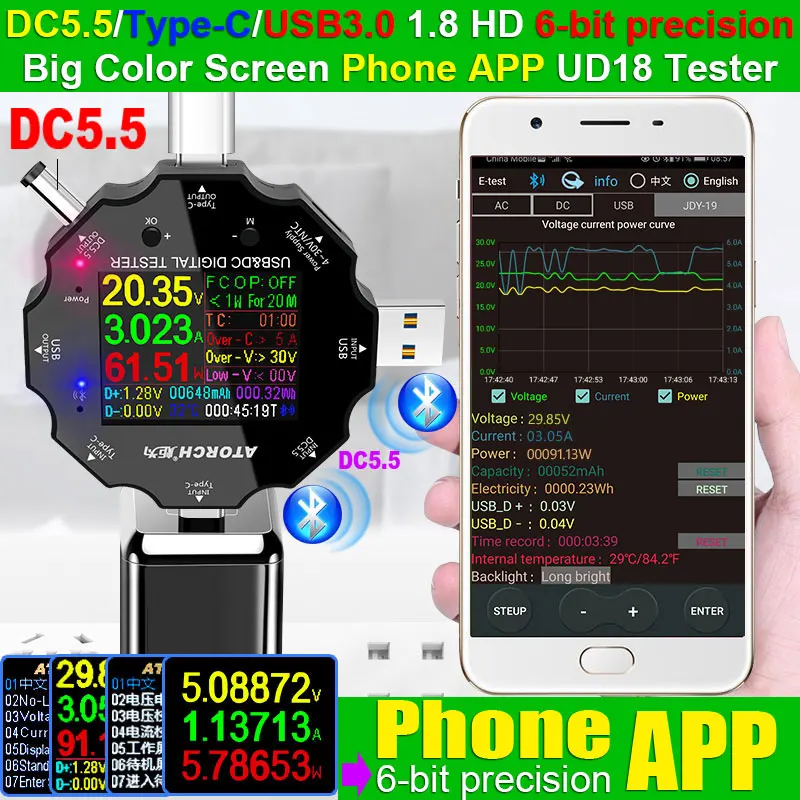 18 in 1 UD18 DC5.5 USB-tester Type-C PD DC Digitale voltmeter Power Bank Oplader Spanningsstroom Ampèremeter Detector Meter met APP