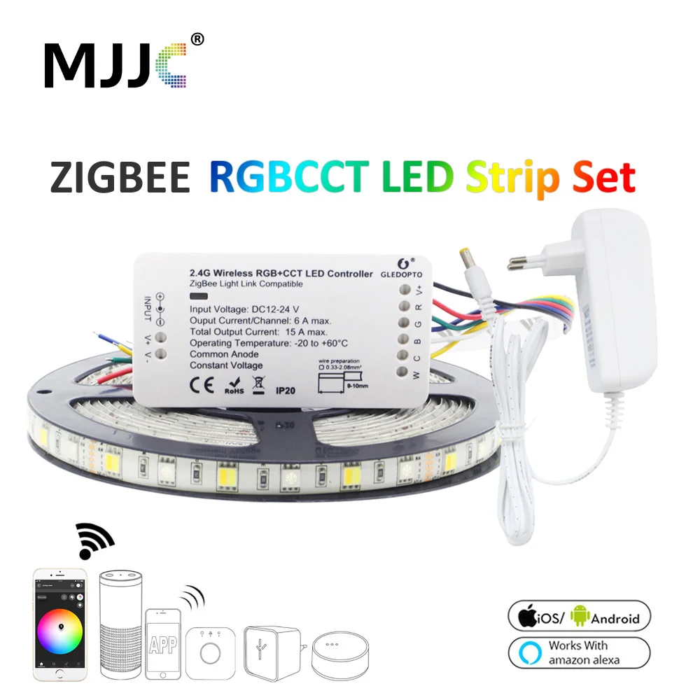 

Zigbee LED Light Strip 5M 12V RGBCCT 5050 Zigbee ZLL Link Home Smart LED Strip Waterproof RGB Dual White Work with Alexa Echo