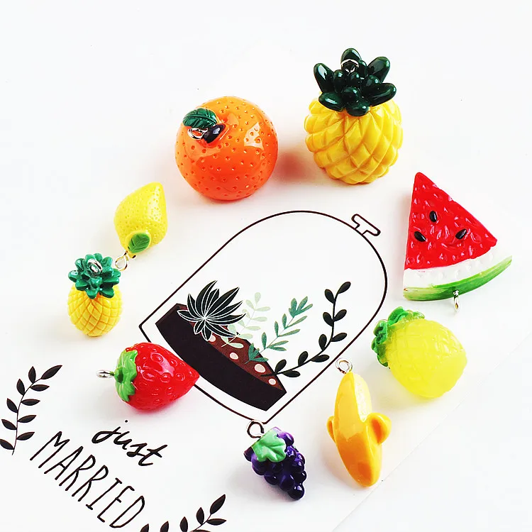 Summer 30pcs/lot Fruit style 3D cartoon Pineapple Oranges Watermelon Banana Lemon shape resin charms diy jewelry making