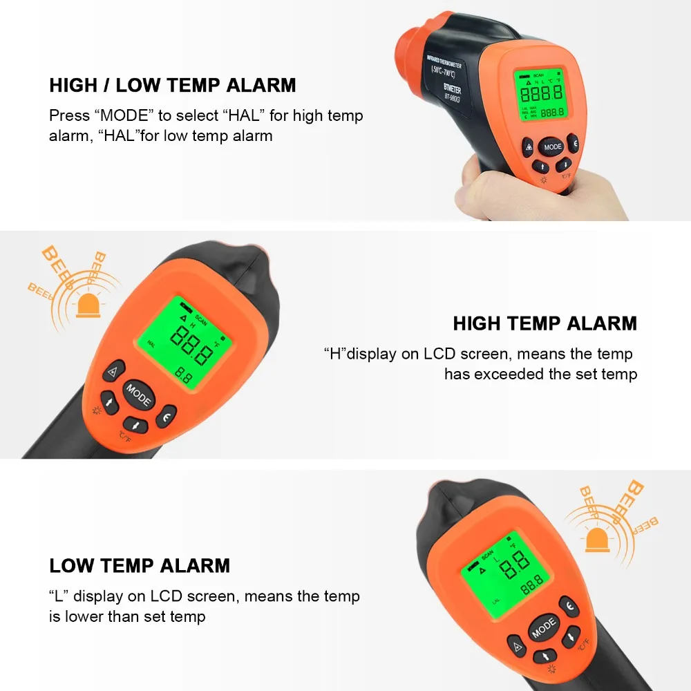 BTMETER BT-980G bezdotykowy cyfrowy termometr na podczerwień wysoka laserowy na podczerwień temperatury pistolet do gotowania w kuchni BBQ