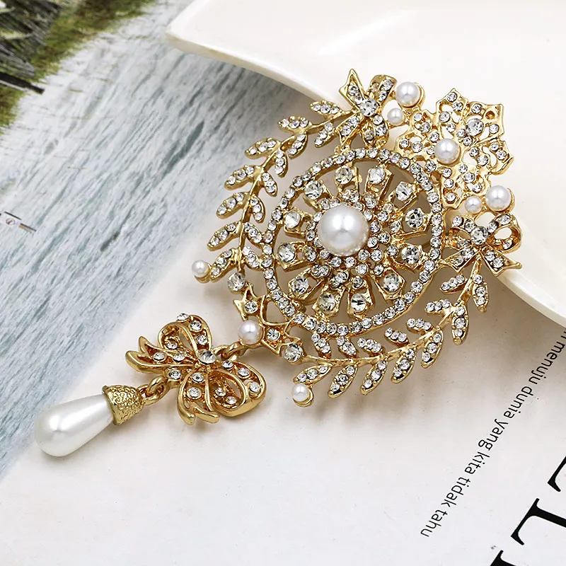 WEIMANJINGDIAN Brand Large Size Crystal Diamante and Imitation Pearl Waterdrop Scroll Decor Brooches for Women or Wedding