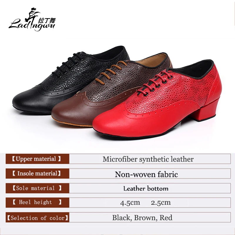 Ladingwu New Brand Modern Men\'s Ballroom Tango Waltz Latin Dance Shoes Microfiber Synthetic Leather Color Black/Brown/Red