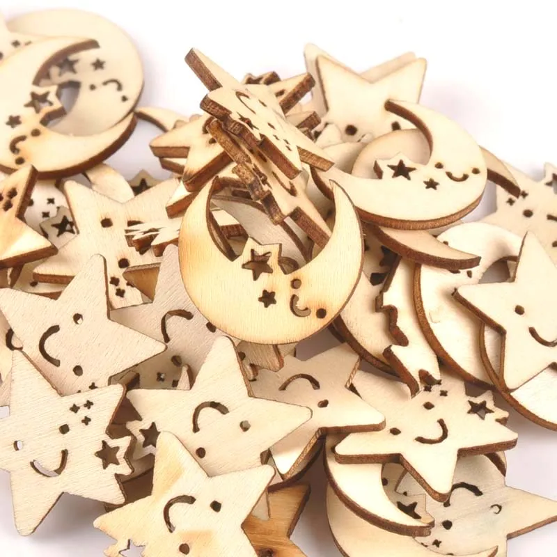 24-27mm 25Pcs Wooden Ornament Moon And Star Pattern For DIY Crafts Scrapbook Accessories Handmade Wood Slices Home Decor M1704