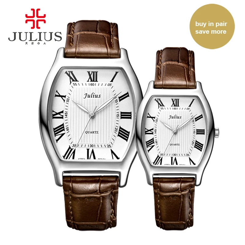 Julius JA-703 Lover Couple's Watch Classic Roman Numbers Pair Watches for Valentine's Gift Tonneau Shape Leather Strap Watch Uhr