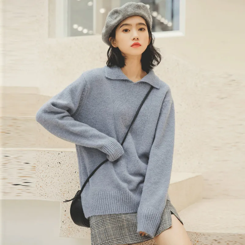 

Korean Autumn Winter Women's Sweater Wear Girl Retro Loose Solid Color Lapel Pullovers Long Sleeve Knitted Sweaters Tops H9387