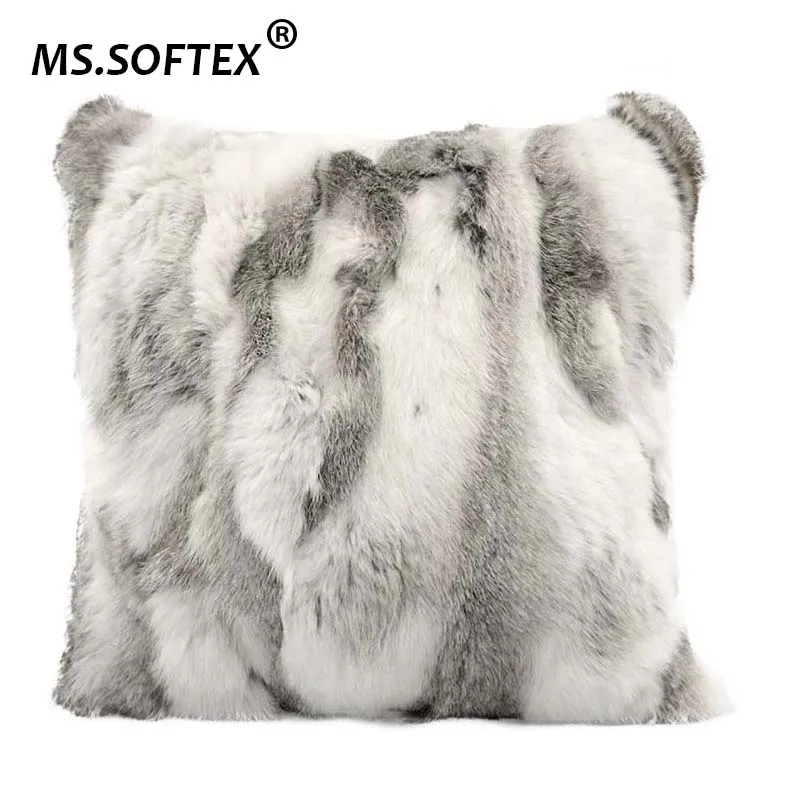 MS.Softex Natural Fur Cushion Cover Home Decoration Genuine Rabbit Fur Pillow Case Patchwork Pillow Cover