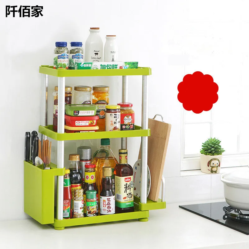 Multifunction 3 Layer Green Kitchen Shelf Plastic Assemble Aviation Aluminum Spice Knife Storage Rack For Caster Sundries Holder